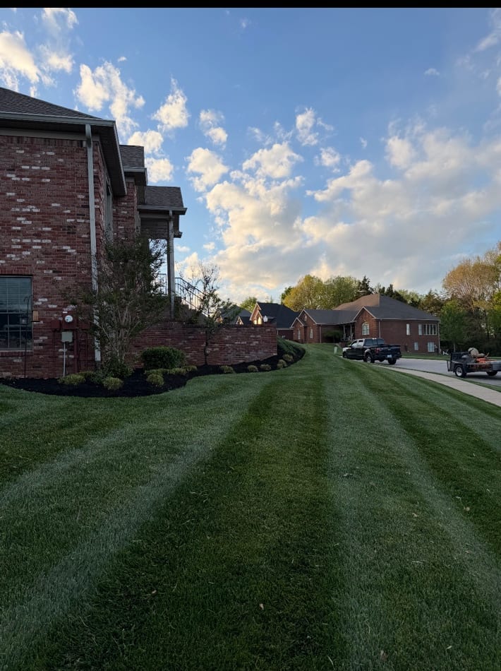 Crisp lawn mowing stripes running alongside a brick home at golden hour